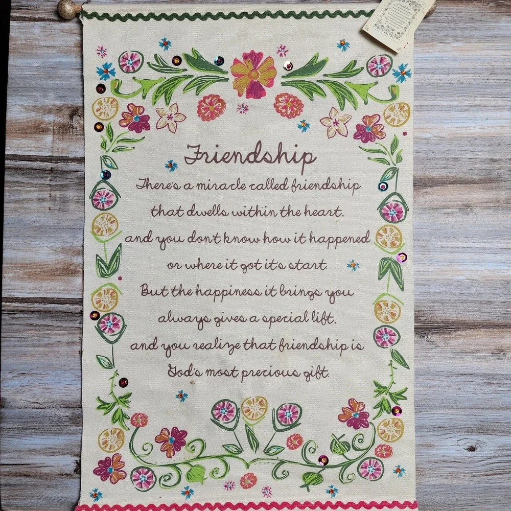 Natural Life Give Happy Friendship Wall Hanging Canvas Scroll Floral Poem‎ 14x22